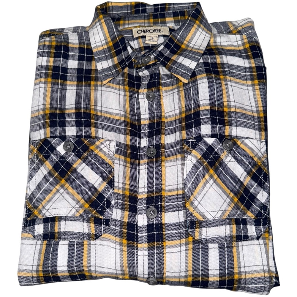 Cherokee Casual Cotton Plaid Button-Down Shirt - Navy White and Yellow XL 16
